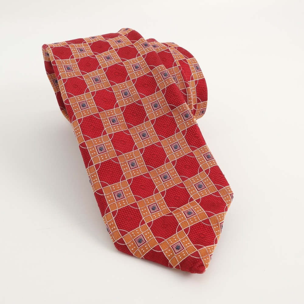 BUGATCHI UOMO Men's Necktie Red Geometric Pattern Silk Made in Italy